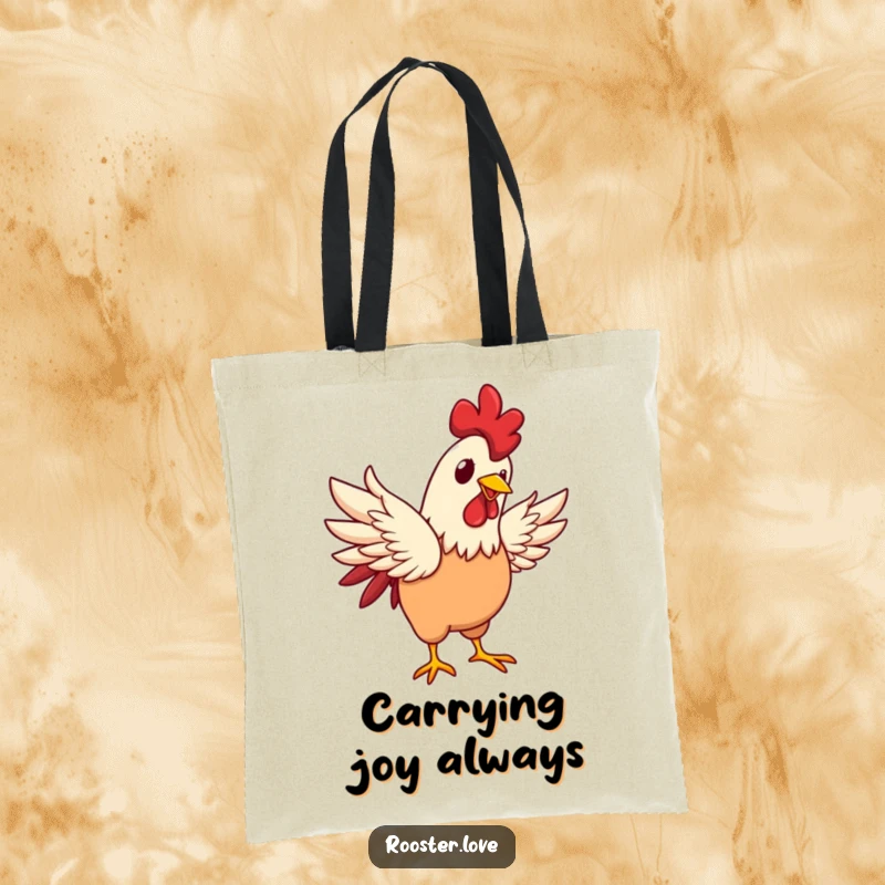 Funny rooster character flapping its wings with a happy glint, on a durable tote bag, symbolizing spirited joy.